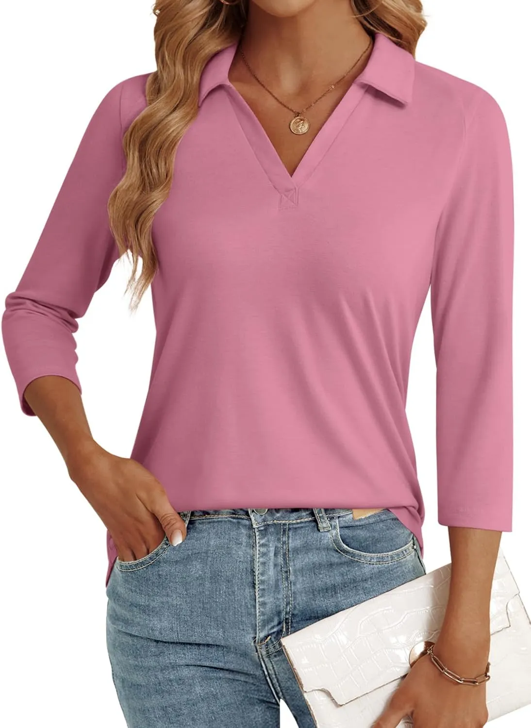 3/4 Length Sleeve Womens Tops Dressy Casual V Neck Polo Shirts Business Work Blouses 2025 Trendy Tunic Top