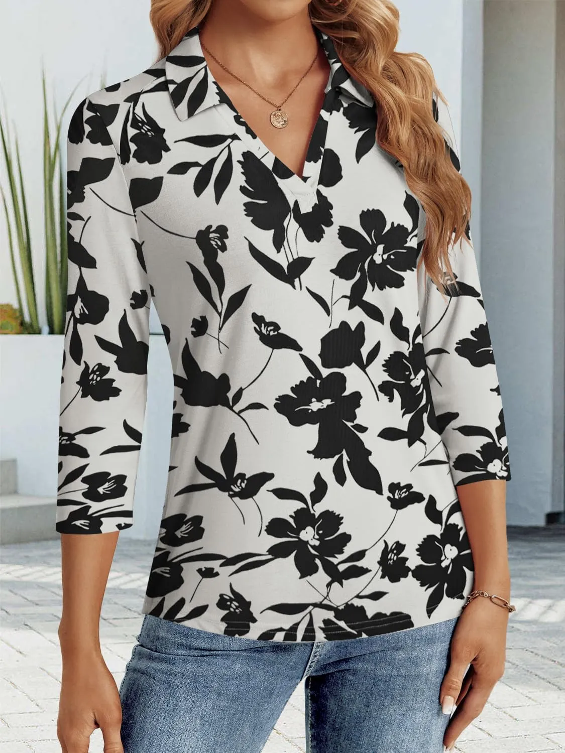 3/4 Length Sleeve Womens Tops Dressy Casual V Neck Polo Shirts Business Work Blouses 2025 Trendy Tunic Top