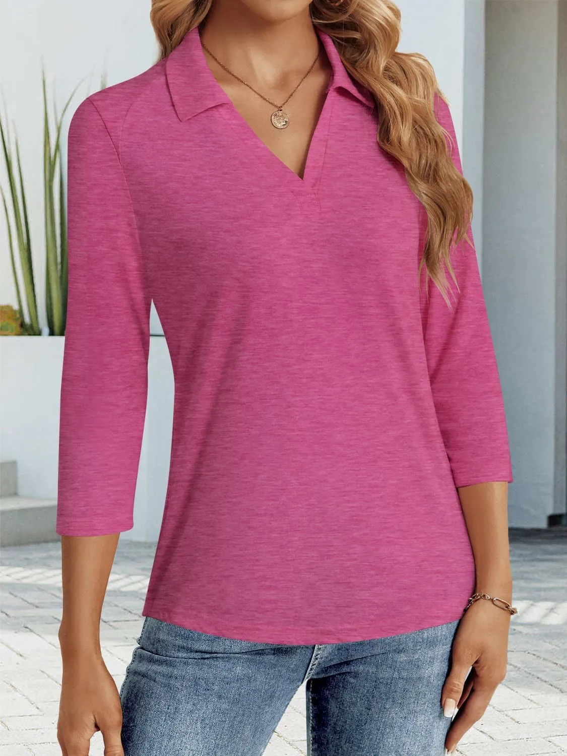 3/4 Length Sleeve Womens Tops Dressy Casual V Neck Polo Shirts Business Work Blouses 2025 Trendy Tunic Top
