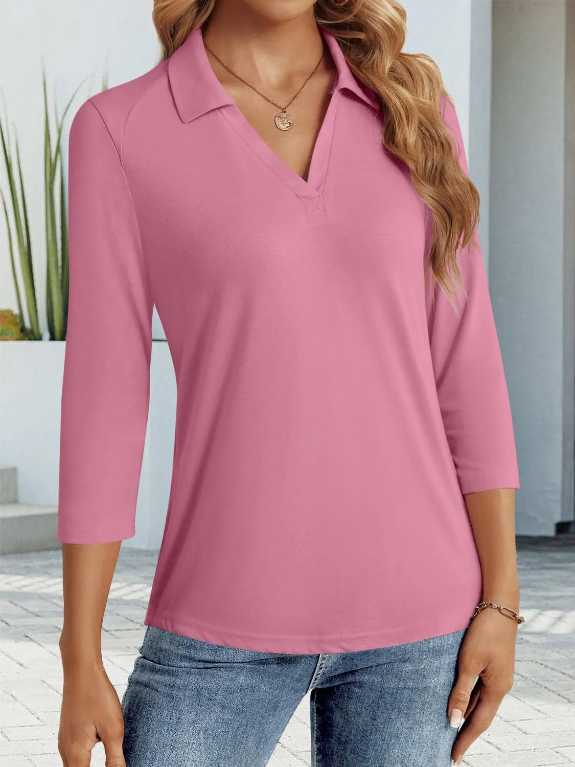 3/4 Length Sleeve Womens Tops Dressy Casual V Neck Polo Shirts Business Work Blouses 2025 Trendy Tunic Top