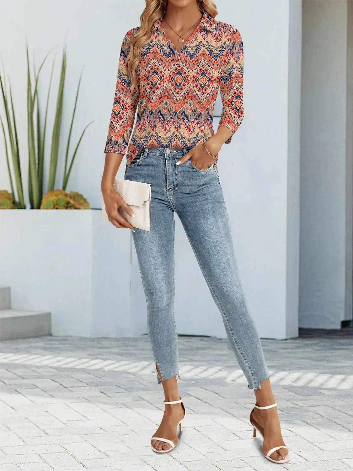 3/4 Length Sleeve Womens Tops Dressy Casual V Neck Polo Shirts Business Work Blouses 2025 Trendy Tunic Top