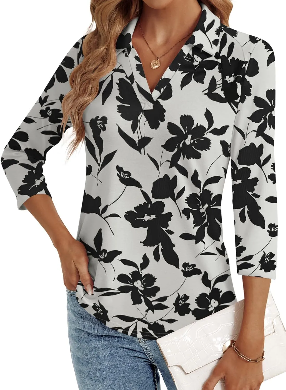 3/4 Length Sleeve Womens Tops Dressy Casual V Neck Polo Shirts Business Work Blouses 2025 Trendy Tunic Top