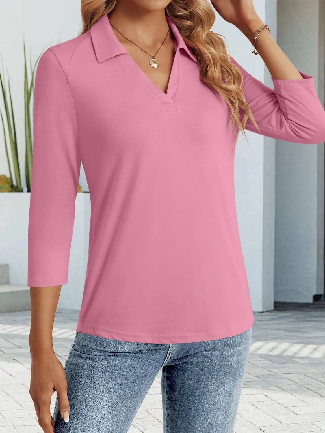 3/4 Length Sleeve Womens Tops Dressy Casual V Neck Polo Shirts Business Work Blouses 2025 Trendy Tunic Top