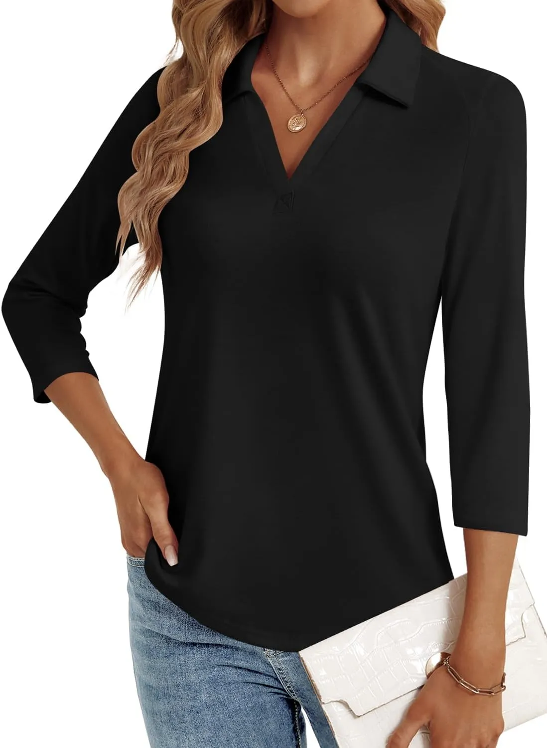 3/4 Length Sleeve Womens Tops Dressy Casual V Neck Polo Shirts Business Work Blouses 2025 Trendy Tunic Top