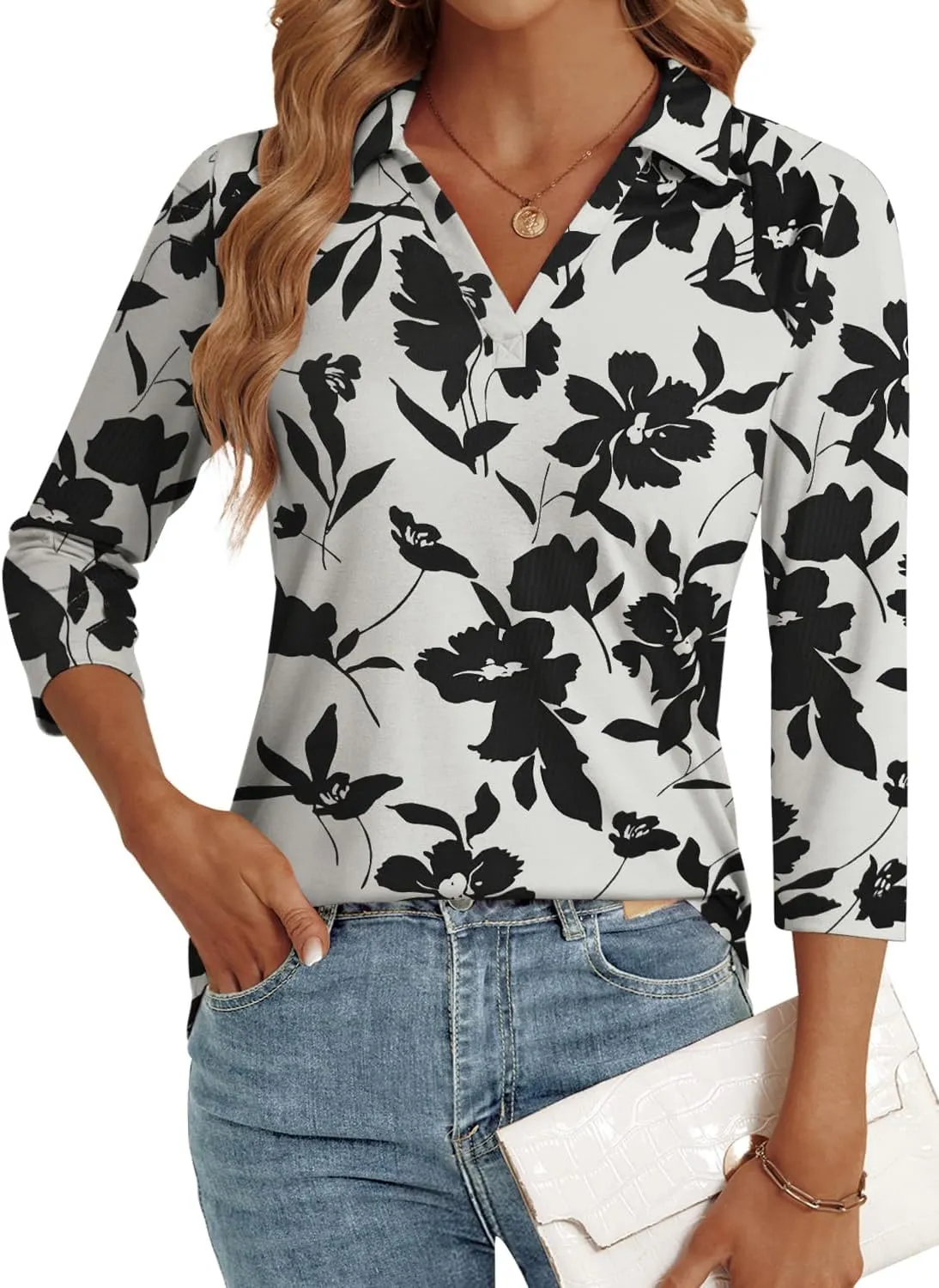 3/4 Length Sleeve Womens Tops Dressy Casual V Neck Polo Shirts Business Work Blouses 2025 Trendy Tunic Top