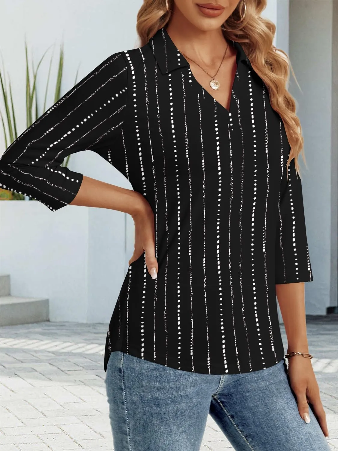 3/4 Length Sleeve Womens Tops Dressy Casual V Neck Polo Shirts Business Work Blouses 2025 Trendy Tunic Top