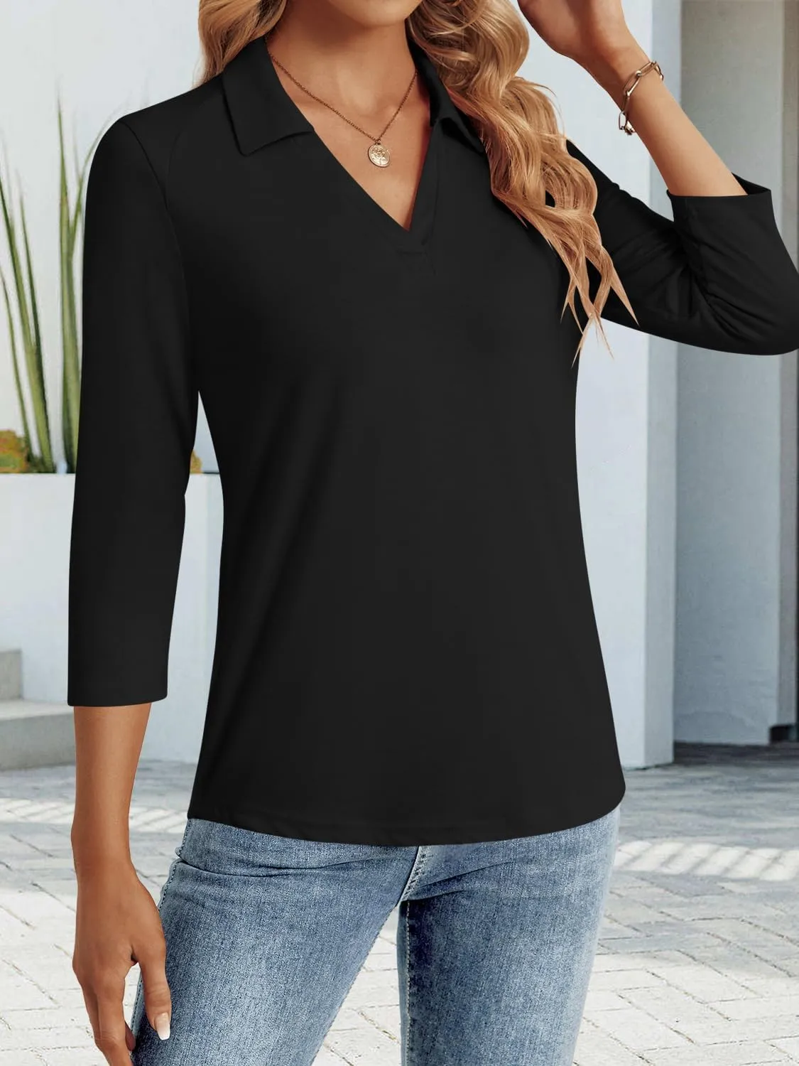 3/4 Length Sleeve Womens Tops Dressy Casual V Neck Polo Shirts Business Work Blouses 2025 Trendy Tunic Top