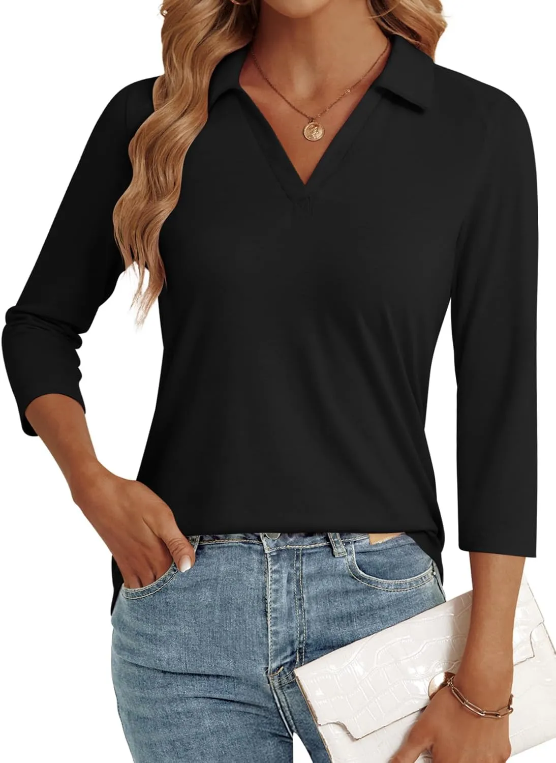 3/4 Length Sleeve Womens Tops Dressy Casual V Neck Polo Shirts Business Work Blouses 2025 Trendy Tunic Top