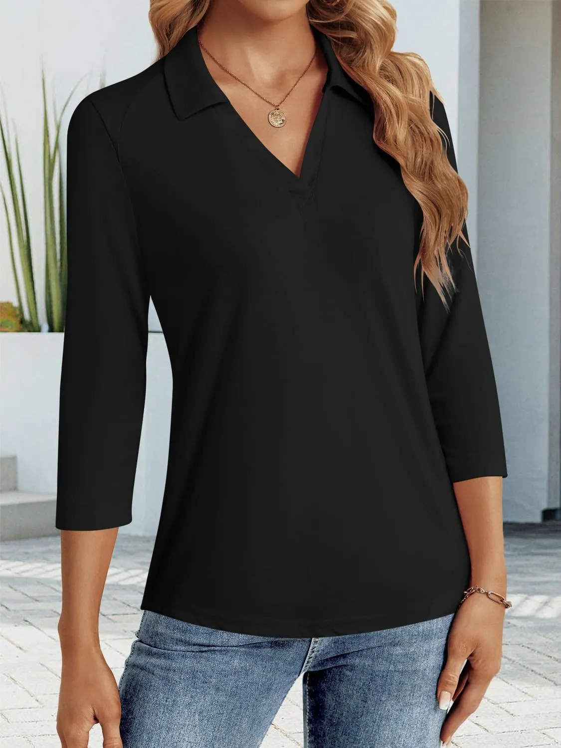 3/4 Length Sleeve Womens Tops Dressy Casual V Neck Polo Shirts Business Work Blouses 2025 Trendy Tunic Top