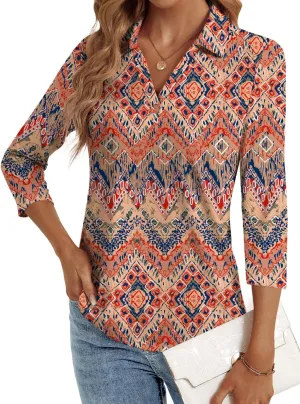 3/4 Length Sleeve Womens Tops Dressy Casual V Neck Polo Shirts Business Work Blouses 2025 Trendy Tunic Top