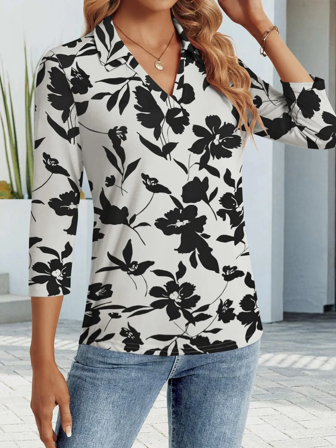 3/4 Length Sleeve Womens Tops Dressy Casual V Neck Polo Shirts Business Work Blouses 2025 Trendy Tunic Top