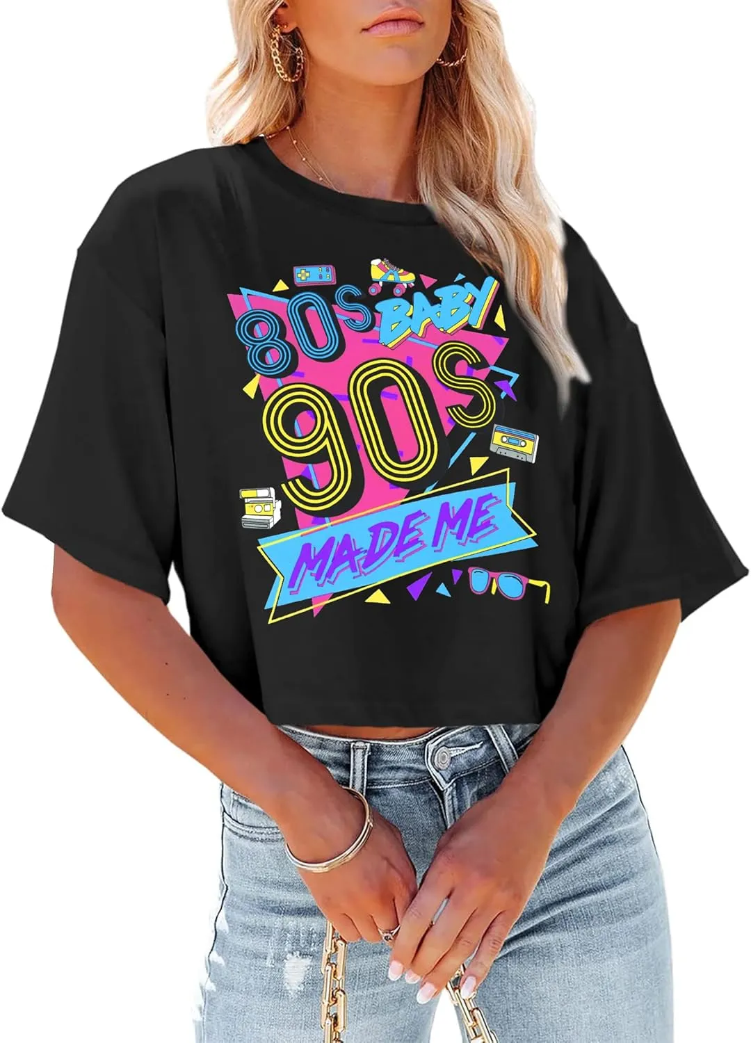 80s Baby 90s Made Me Shirt Womens Vintage 90s Crop Tops 80s Graphic T-Shirt Party Gift Casual Tees
