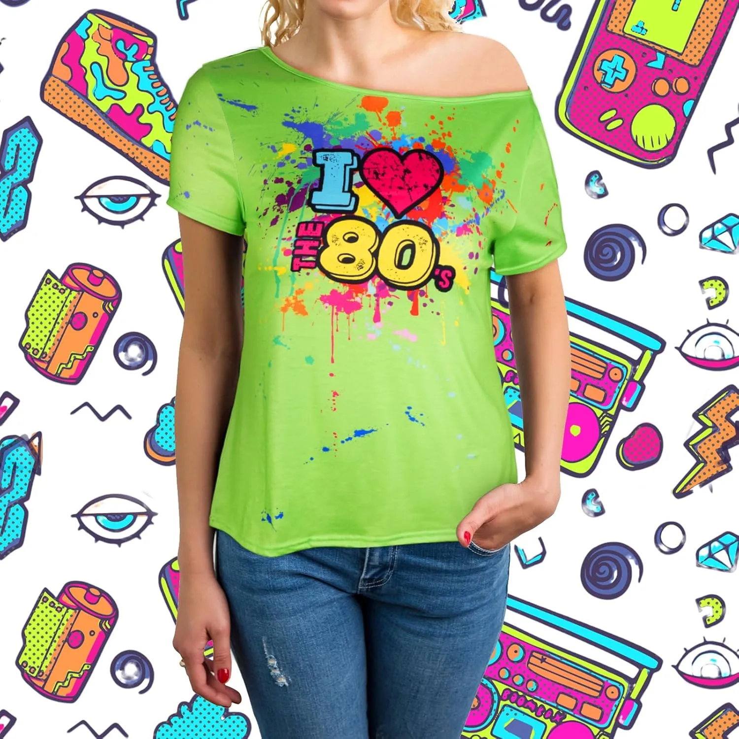 80s Outfit for Women Plus Size I Love The 80's Costumes 80s Off Shoulder T-Shirt Tops Neon Clothes Oversized