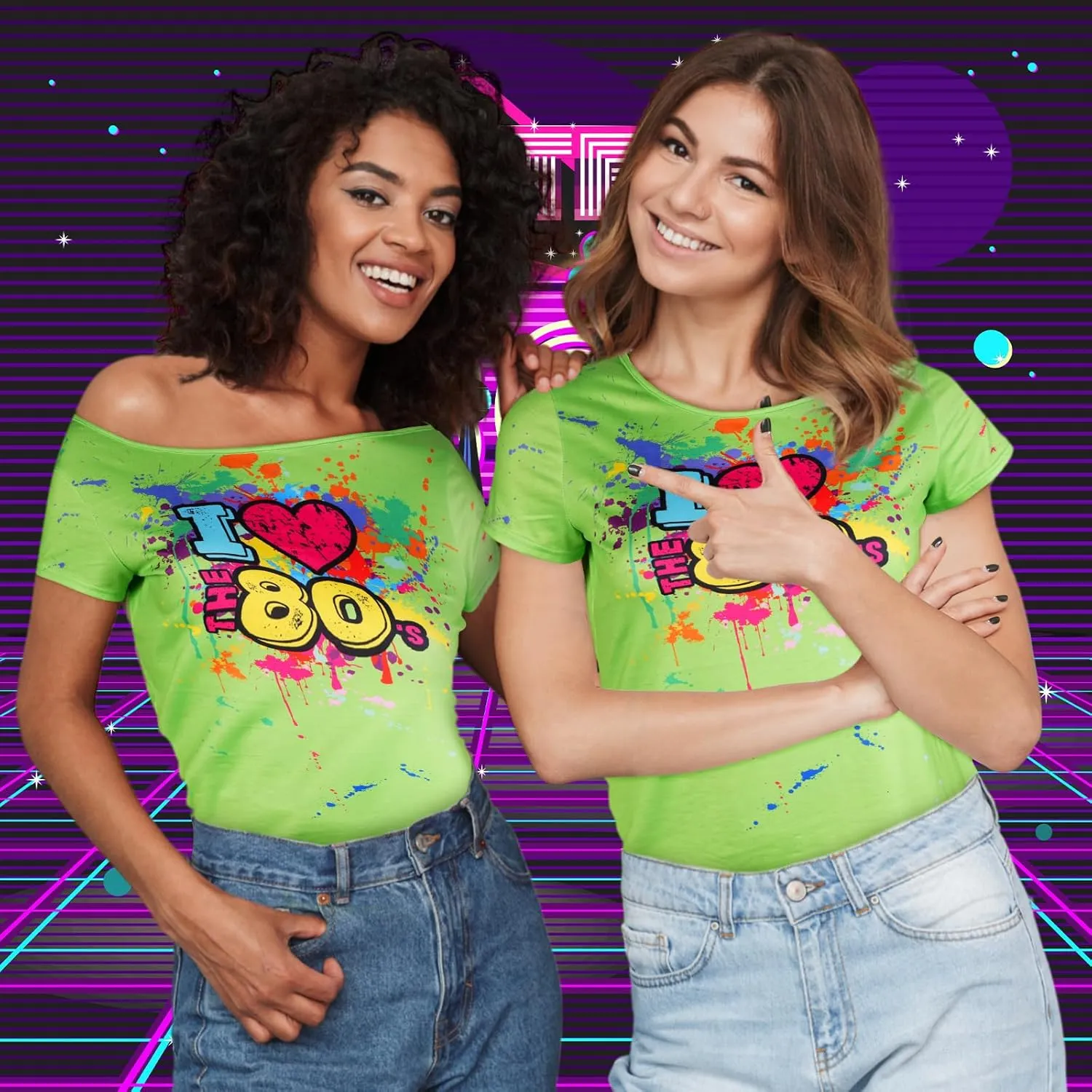 80s Outfit for Women Plus Size I Love The 80's Costumes 80s Off Shoulder T-Shirt Tops Neon Clothes Oversized