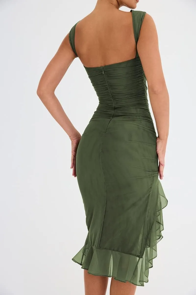 AIBEARTY Women's Sleeveless Asymmetrical Ruffle Hem Mermaid Midi Dress Irregular Ruched Backless Party Club Cocktail Dresses