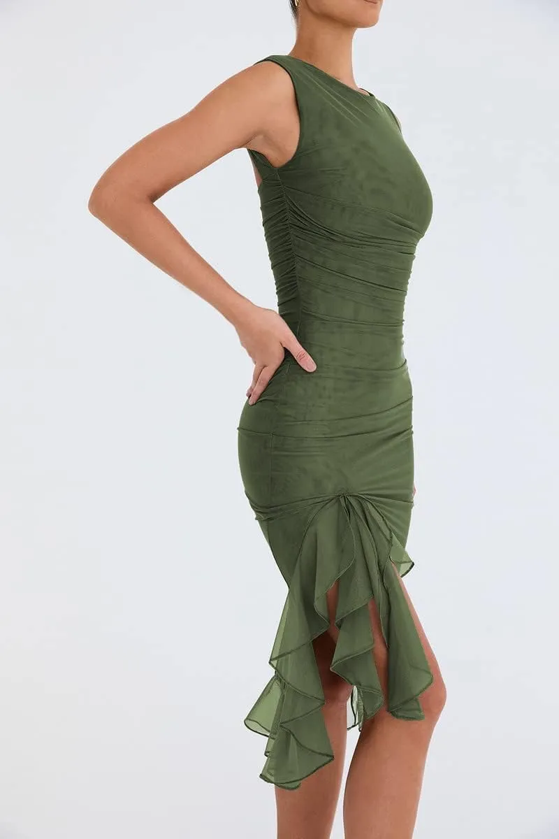 AIBEARTY Women's Sleeveless Asymmetrical Ruffle Hem Mermaid Midi Dress Irregular Ruched Backless Party Club Cocktail Dresses