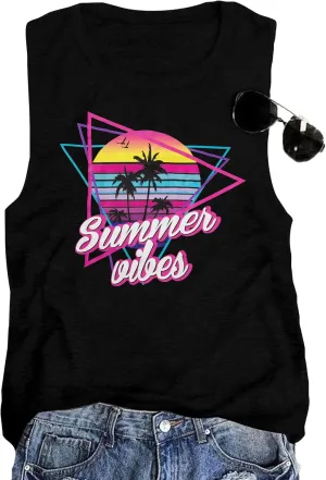 ALLTB Beach Tank Tops Women Beach Waves Sleeveless Shirt Hawaiian Ocean Vest Heartbeat Tank Summer Family Vacation Tanks