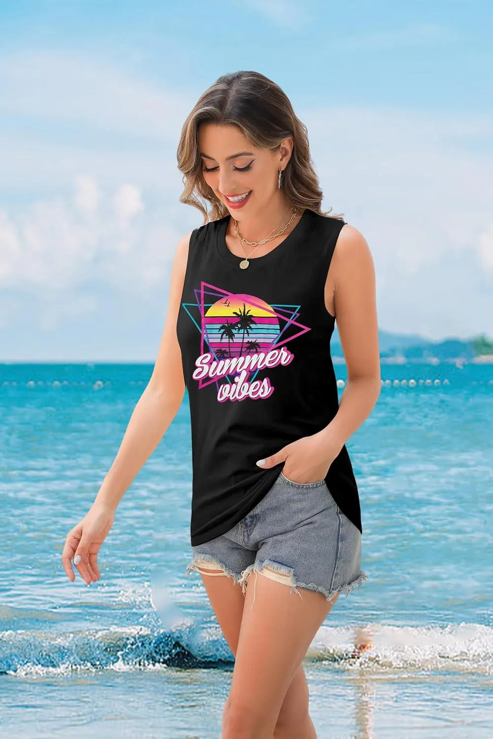 ALLTB Beach Tank Tops Women Beach Waves Sleeveless Shirt Hawaiian Ocean Vest Heartbeat Tank Summer Family Vacation Tanks