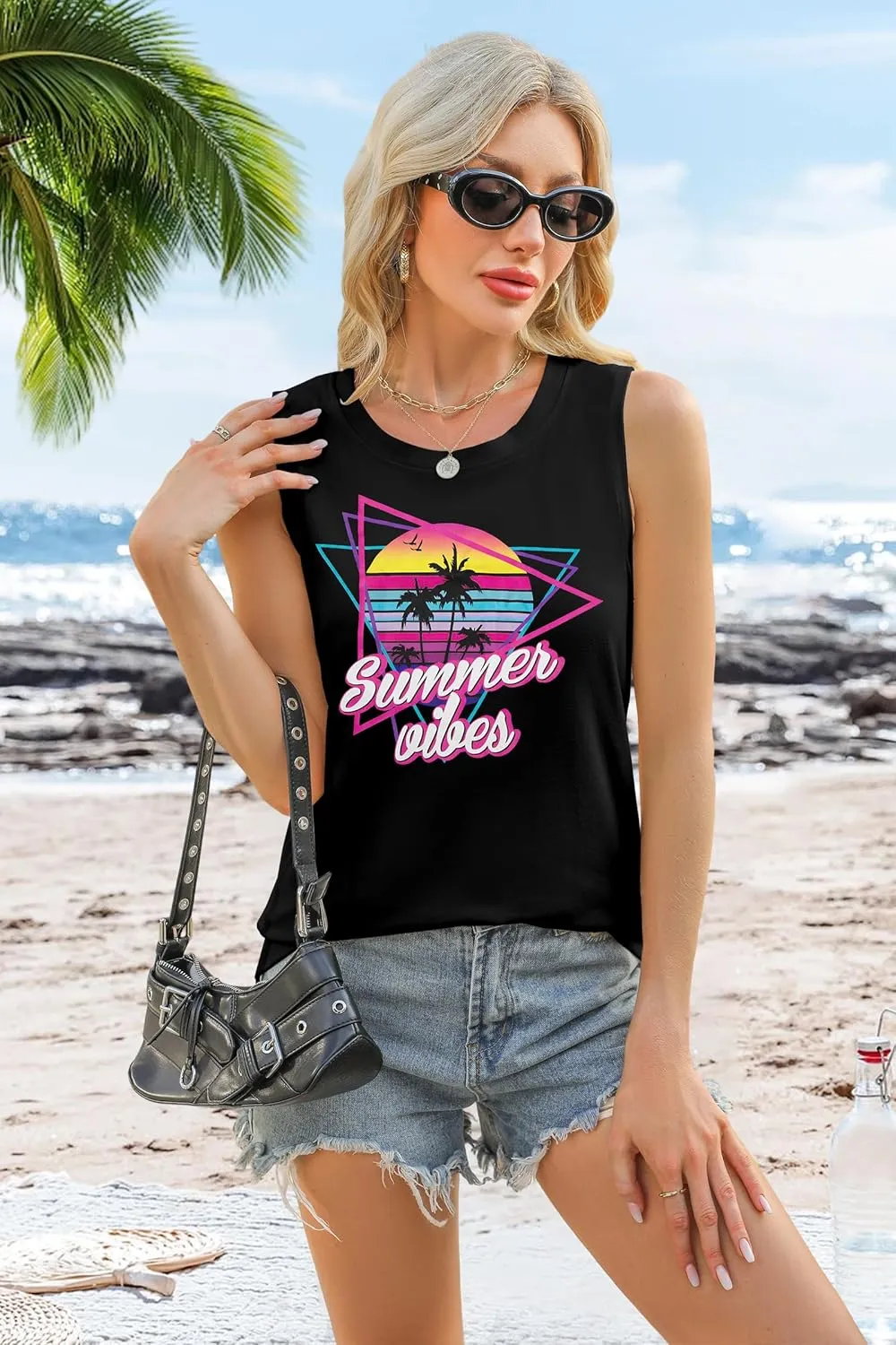 ALLTB Beach Tank Tops Women Beach Waves Sleeveless Shirt Hawaiian Ocean Vest Heartbeat Tank Summer Family Vacation Tanks