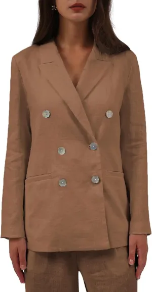 Amazhiyu Womens Pure Linen Double-Breasted Notched Long Sleeve Blazer with Pockets