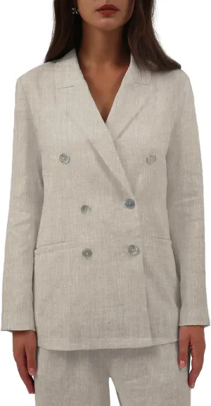 Amazhiyu Womens Pure Linen Double-Breasted Notched Long Sleeve Blazer with Pockets