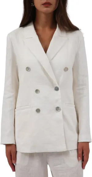 Amazhiyu Womens Pure Linen Double-Breasted Notched Long Sleeve Blazer with Pockets