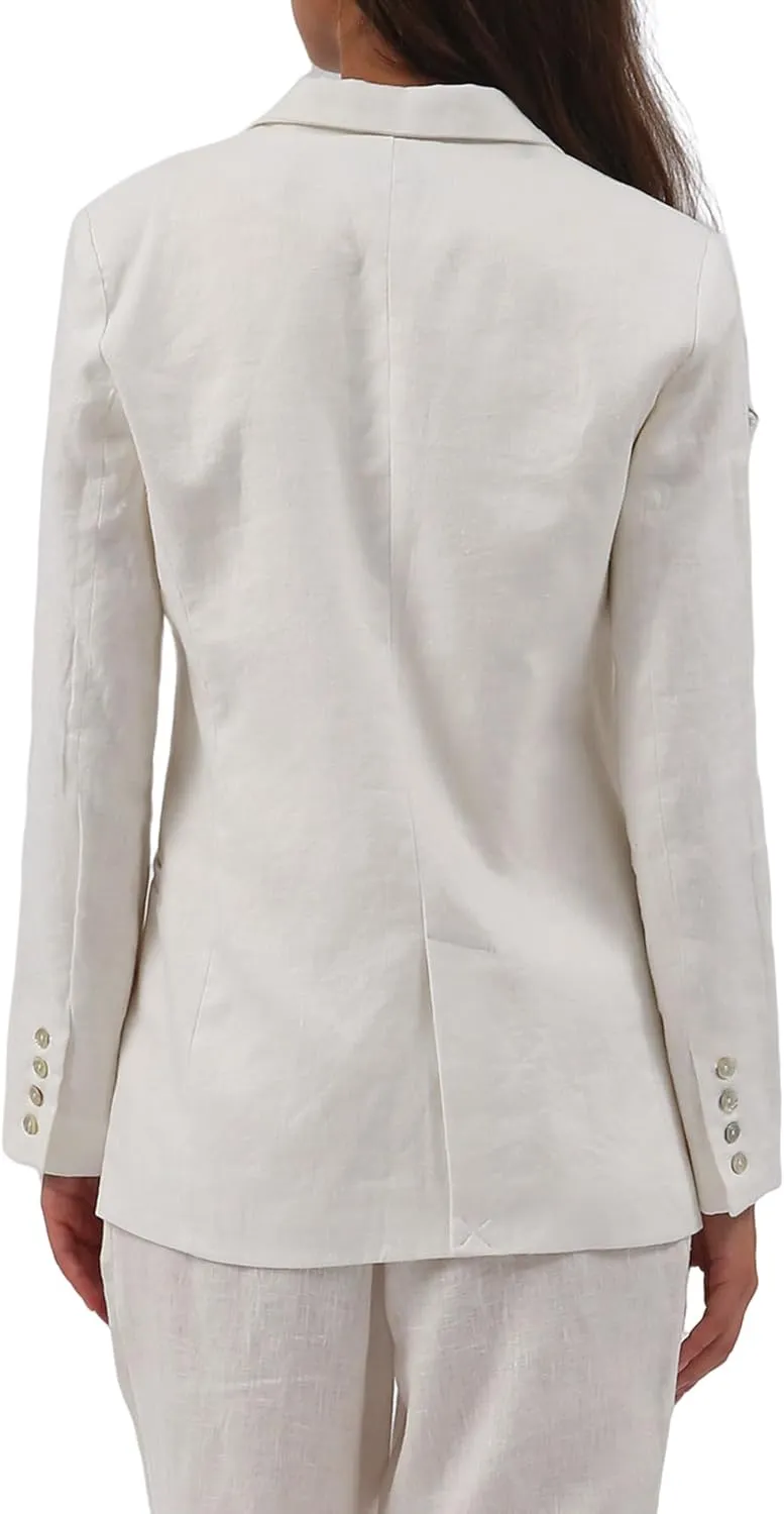 Amazhiyu Womens Pure Linen Double-Breasted Notched Long Sleeve Blazer with Pockets