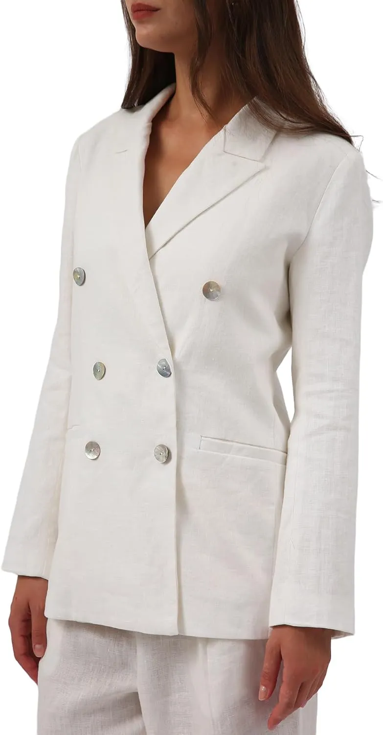 Amazhiyu Womens Pure Linen Double-Breasted Notched Long Sleeve Blazer with Pockets