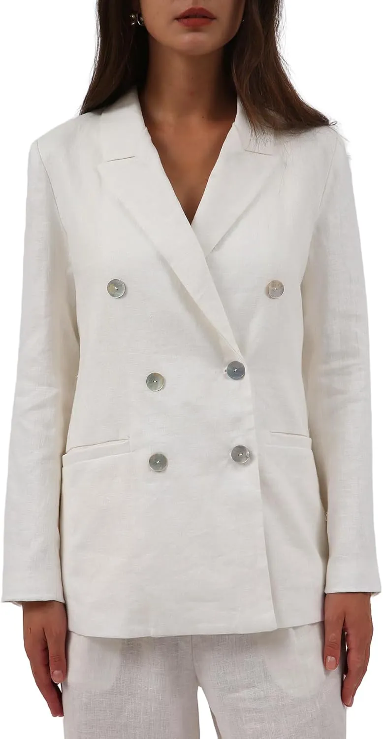 Amazhiyu Womens Pure Linen Double-Breasted Notched Long Sleeve Blazer with Pockets