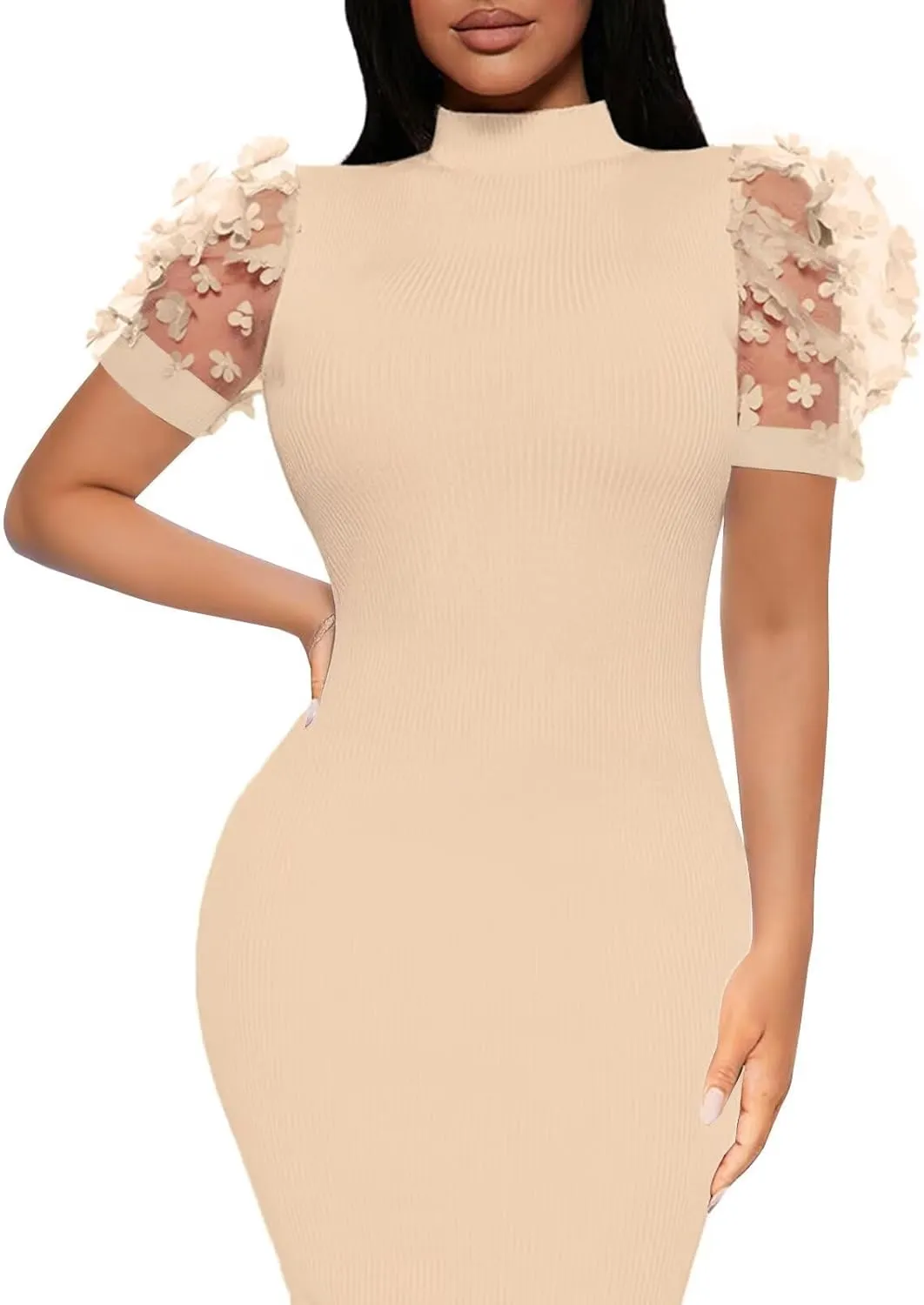 Annystore Women's Mesh See Through Sheer Dress Short Puff Sleeve Bodycon Dress Mock Neck Sexy Club Party Midi Dress Clubwear