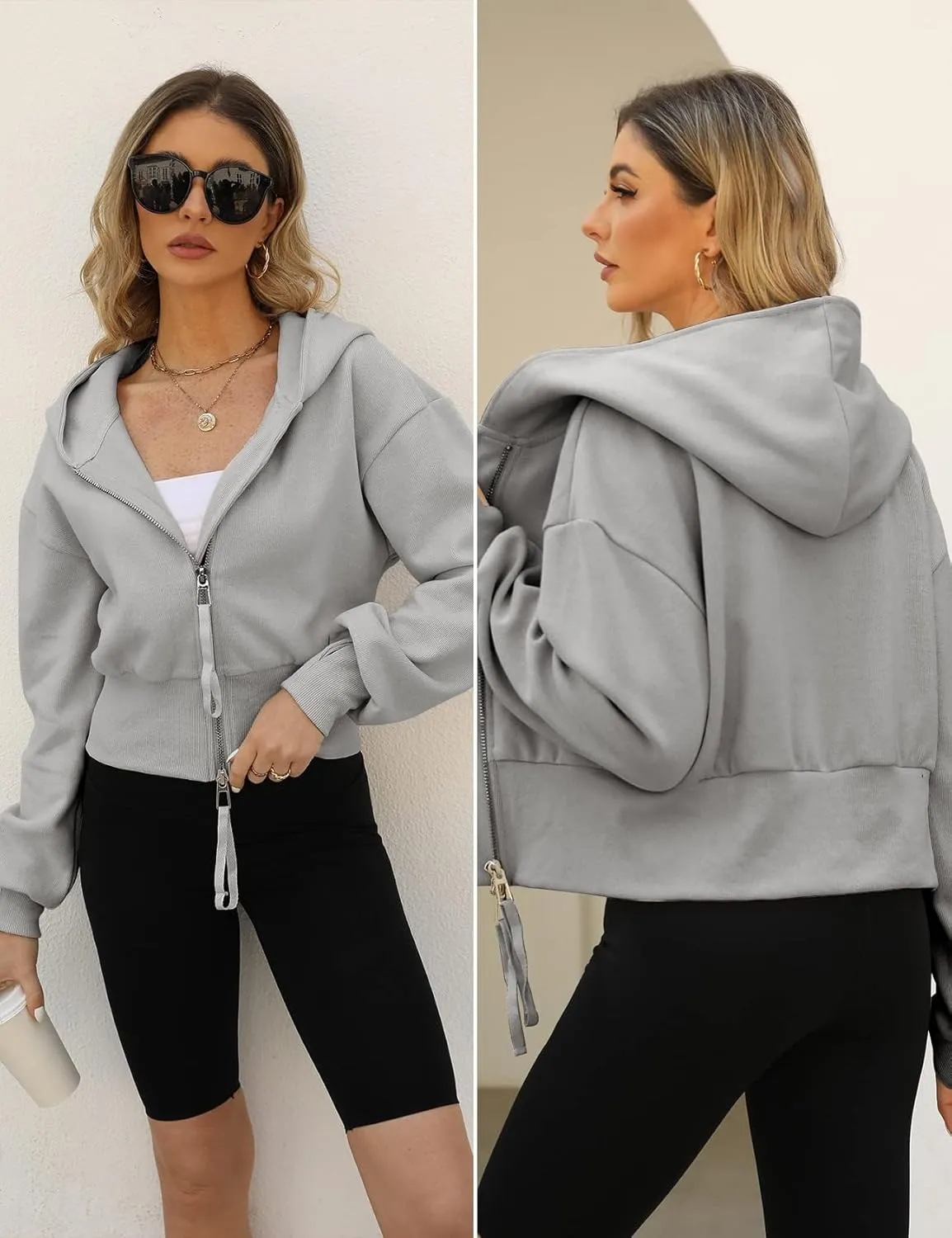 Arssm Cropped Hoodie Women Zip Up Long Sleeve Sweatshirts Casual Fashion Hooded Workout Jacket Crop Top