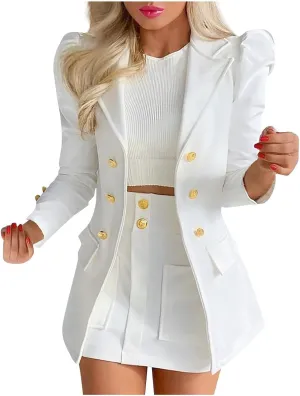 Blazer Sets Women 2 Piece Outfits Elegant Blazers Jackets Long Sleeve Cardigan Coat Pocket Shorts Skirt Suit