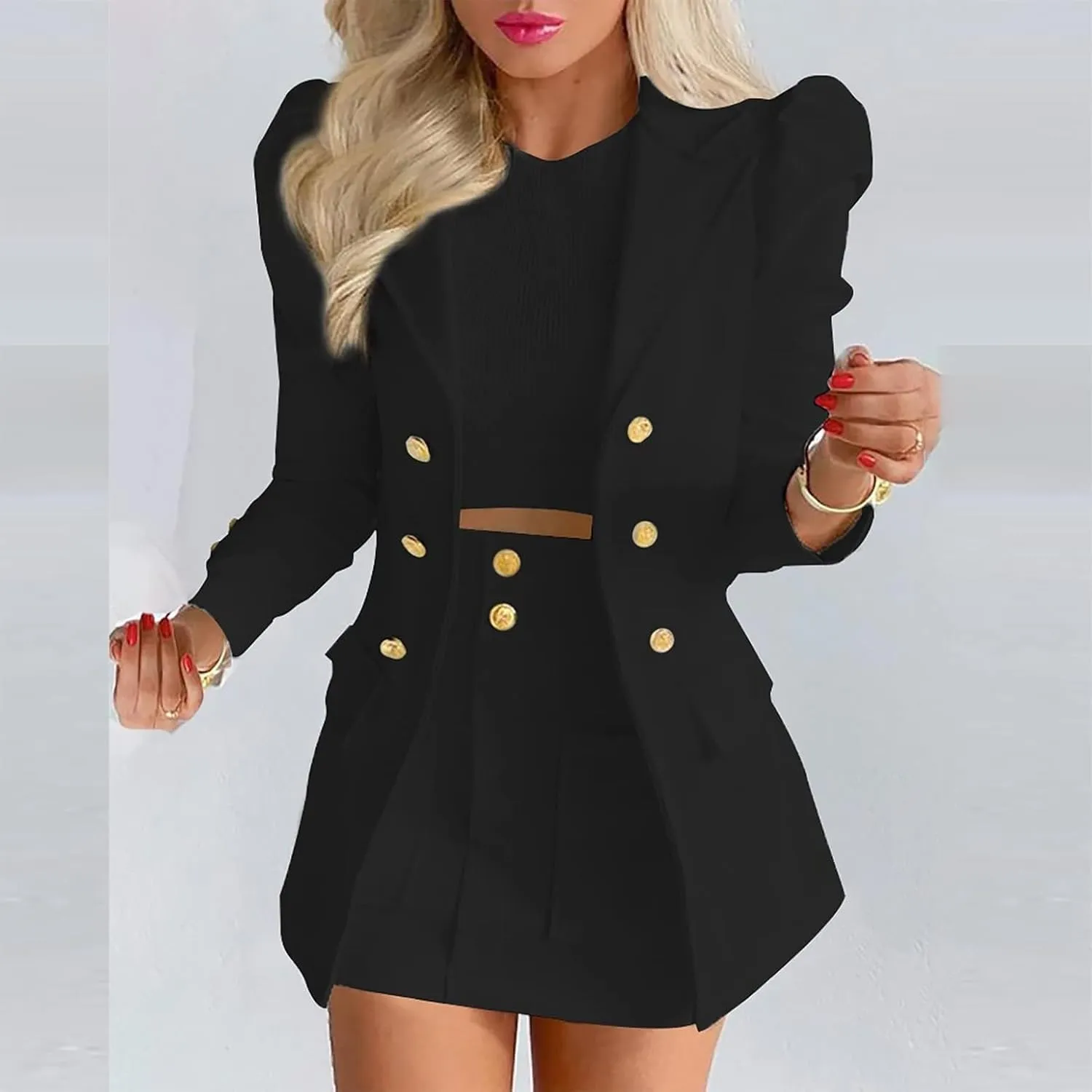 Blazer Sets Women 2 Piece Outfits Elegant Blazers Jackets Long Sleeve Cardigan Coat Pocket Shorts Skirt Suit