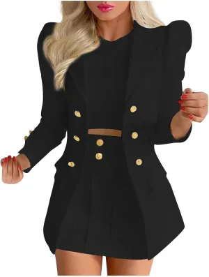 Blazer Sets Women 2 Piece Outfits Elegant Blazers Jackets Long Sleeve Cardigan Coat Pocket Shorts Skirt Suit