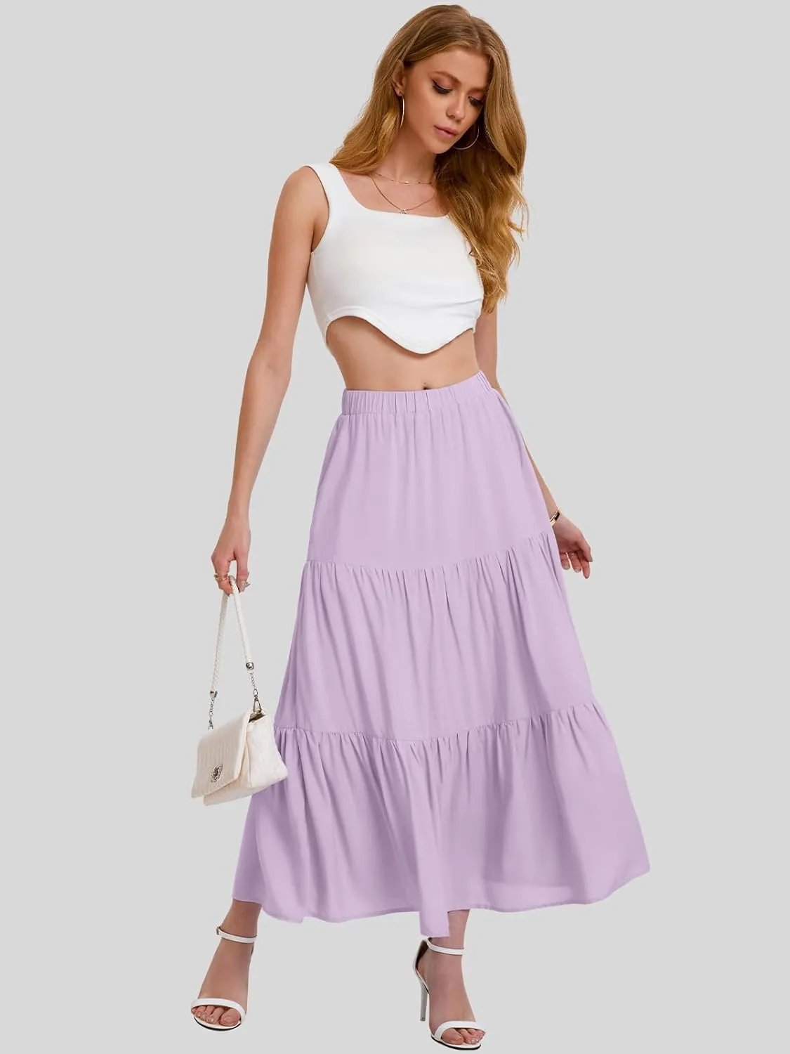 Bloggerlove Tiered Maxi Skirts for Women Trendy Summer Long Flowy Skirt Boho Beach Skirts with Pockets XS-XL