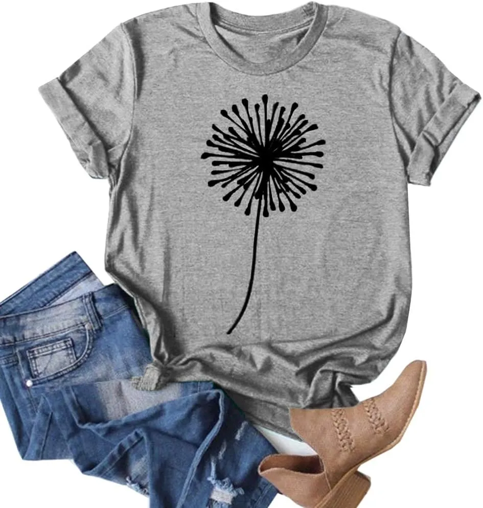 Cicy Bell Women's Dandelion Print T Shirts Cute Graphic Tees Short Sleeve Summer Cotton Tee Tops
