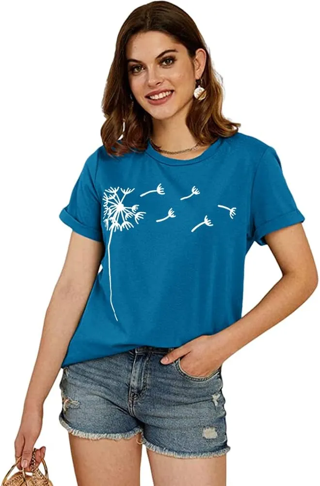 Cicy Bell Women's Dandelion Print T Shirts Cute Graphic Tees Short Sleeve Summer Cotton Tee Tops