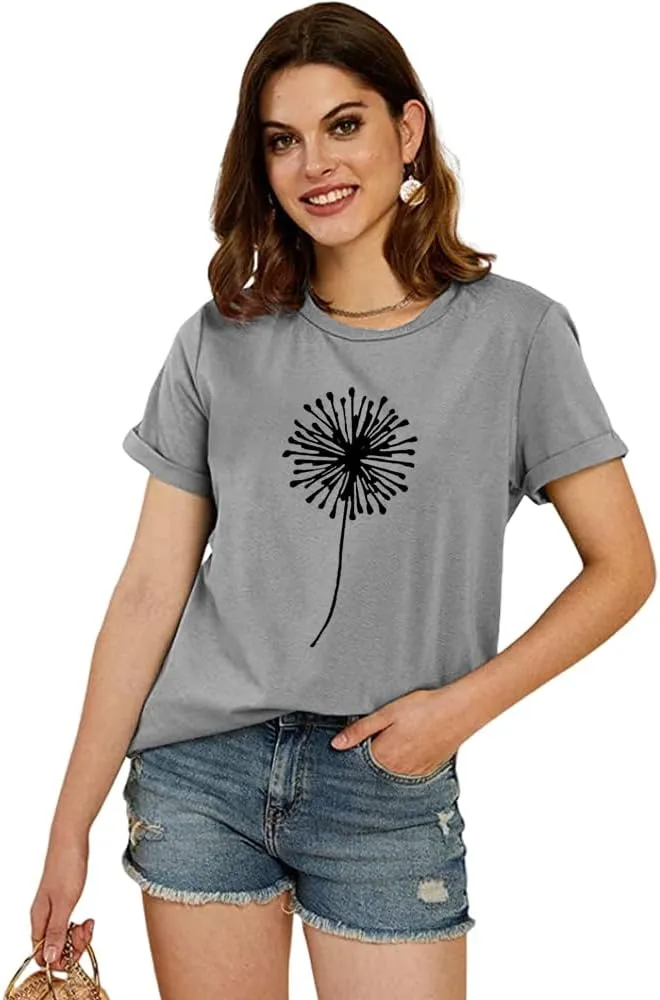 Cicy Bell Women's Dandelion Print T Shirts Cute Graphic Tees Short Sleeve Summer Cotton Tee Tops