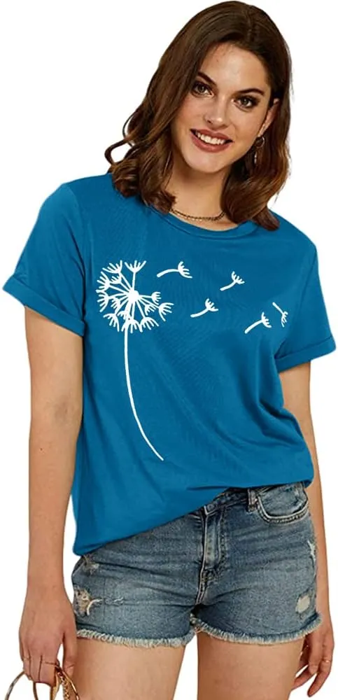 Cicy Bell Women's Dandelion Print T Shirts Cute Graphic Tees Short Sleeve Summer Cotton Tee Tops