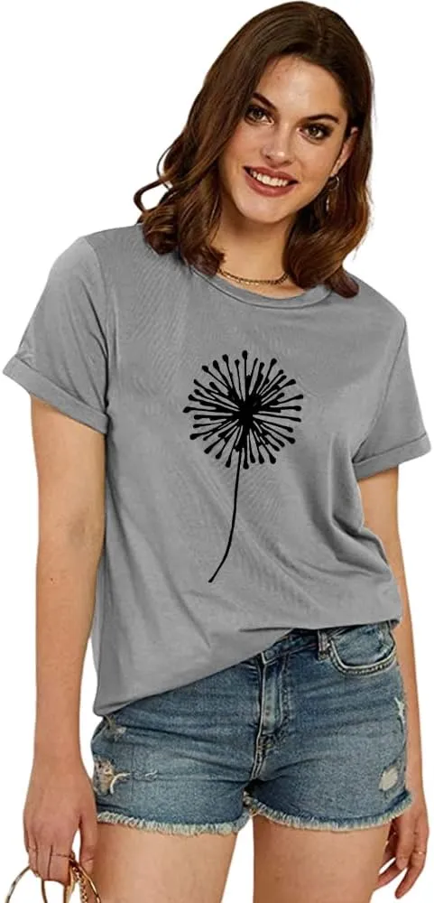 Cicy Bell Women's Dandelion Print T Shirts Cute Graphic Tees Short Sleeve Summer Cotton Tee Tops