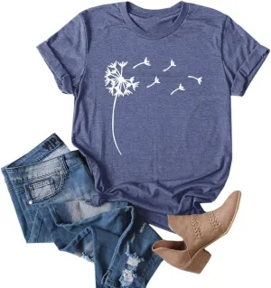 Cicy Bell Women's Dandelion Print T Shirts Cute Graphic Tees Short Sleeve Summer Cotton Tee Tops