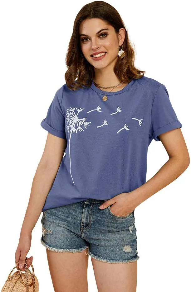 Cicy Bell Women's Dandelion Print T Shirts Cute Graphic Tees Short Sleeve Summer Cotton Tee Tops