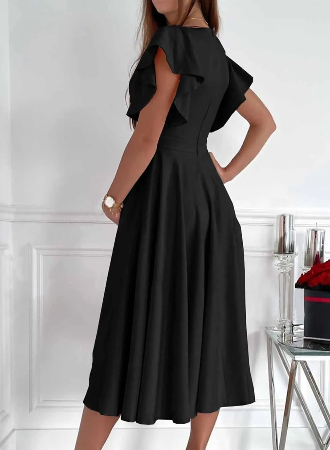 Dokotoo Women's V Neck Elegant Party Dress Short Sleeve Skater Dress Wedding Guest Dresses