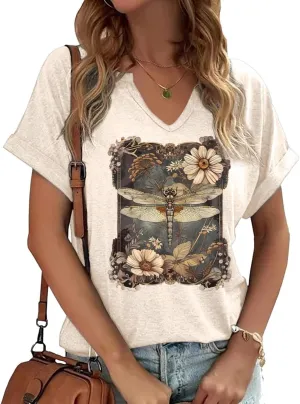 Earlymemb Womens Vintage Flowers V Neck Shirt Boho Floral Wildflowers Graphic Tee Casual Cottagecore Short Sleeve T Shirt