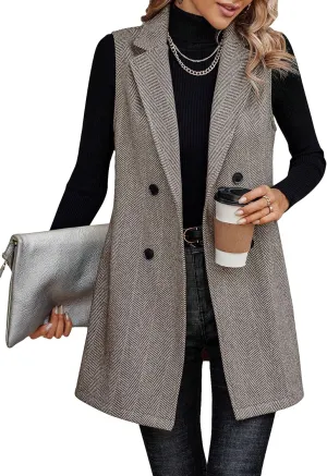 Floerns Women's Lapel Neck Sleeveless Double Breasted Office Vest Blazer