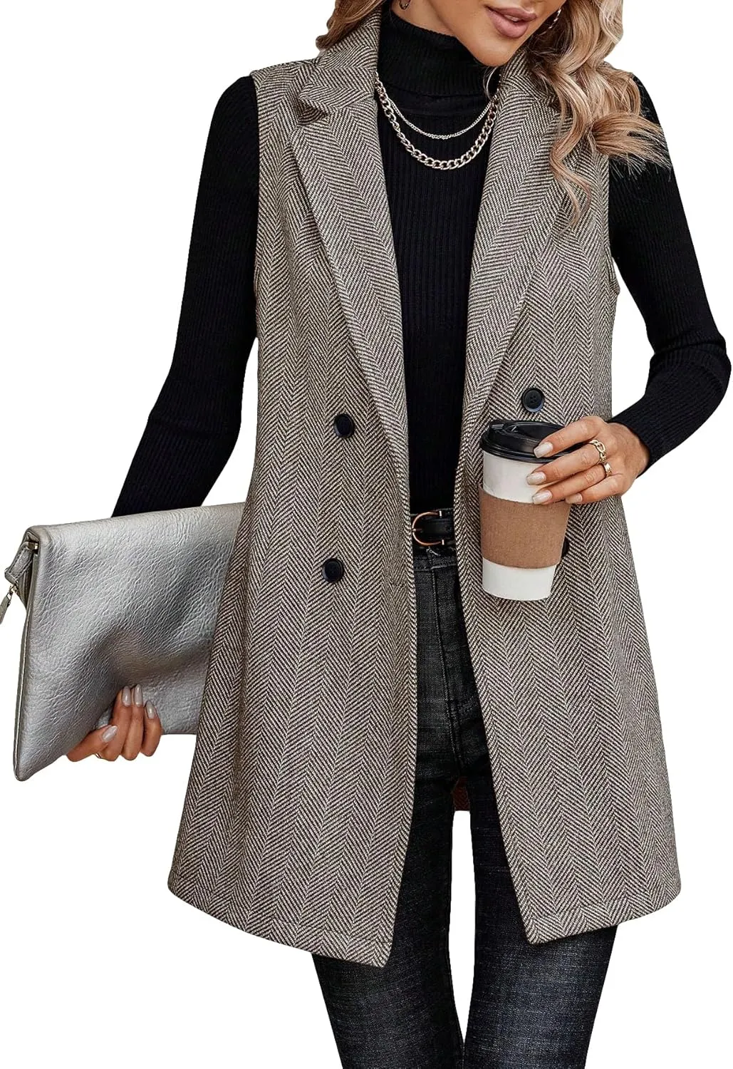 Floerns Women's Lapel Neck Sleeveless Double Breasted Office Vest Blazer