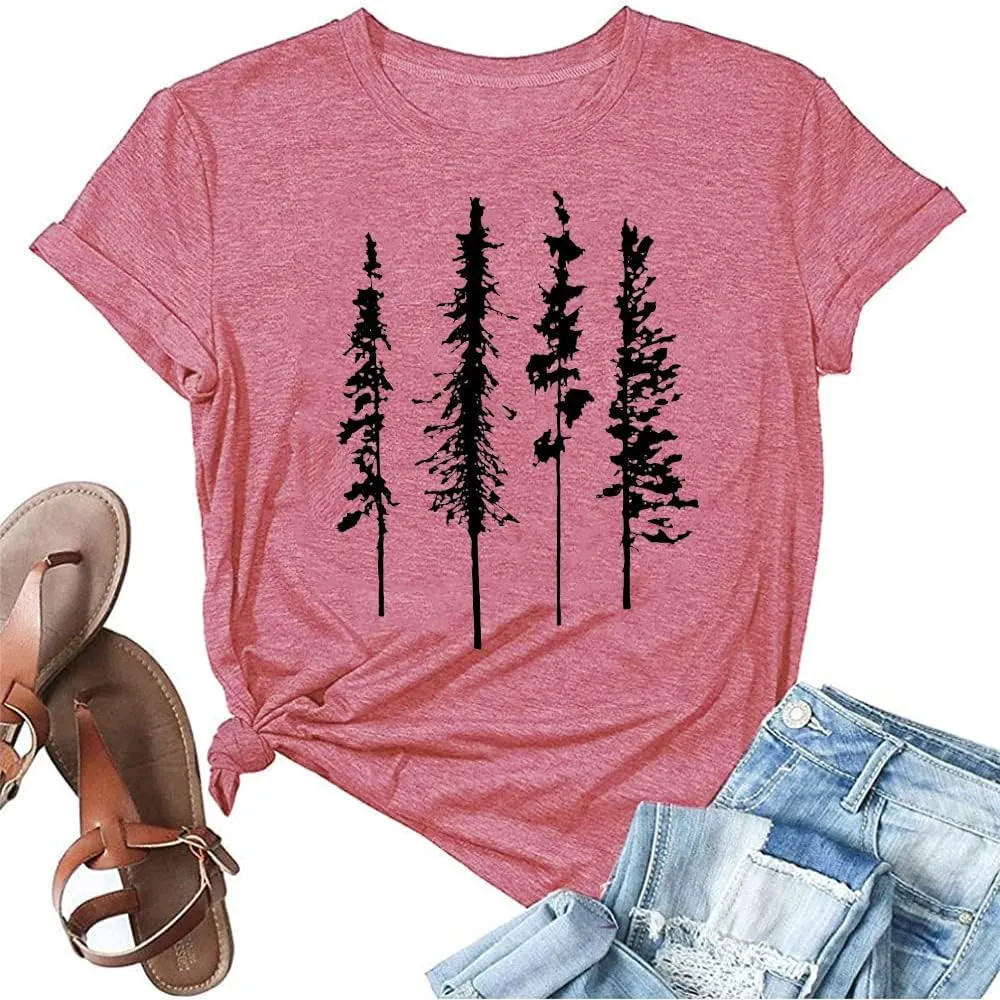 Funny Graphic Women Skinny Pine Tree Shirt Summer Hiking Camping Athletic Tees Nature Casual Comfy Clothes