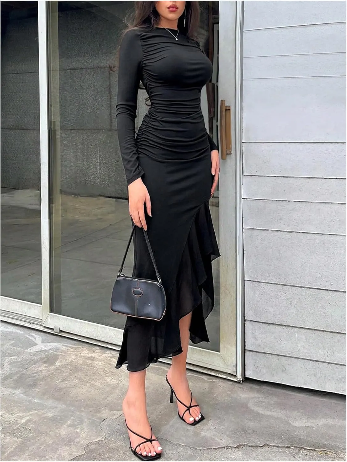 GORGLITTER Women's Ruched Long Sleeve Bodycon Maxi Dress Boat Neck Ruffle Asymmetrical Party Dresses
