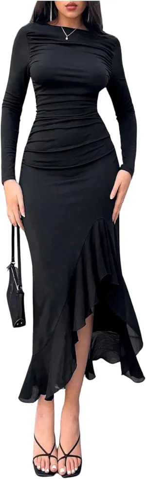 GORGLITTER Women's Ruched Long Sleeve Bodycon Maxi Dress Boat Neck Ruffle Asymmetrical Party Dresses