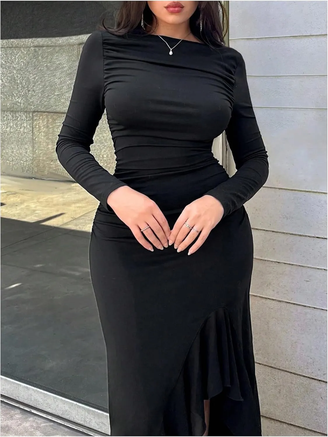 GORGLITTER Women's Ruched Long Sleeve Bodycon Maxi Dress Boat Neck Ruffle Asymmetrical Party Dresses